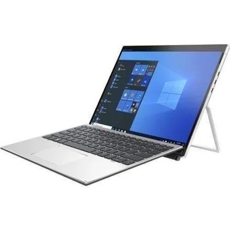 Silver 2-in-1 laptop in tent mode on a white background, displaying Windows desktop.