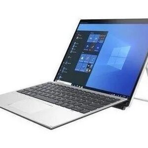 2-in-1 convertible laptop in tent mode with Windows desktop on screen, showcasing stand position.
