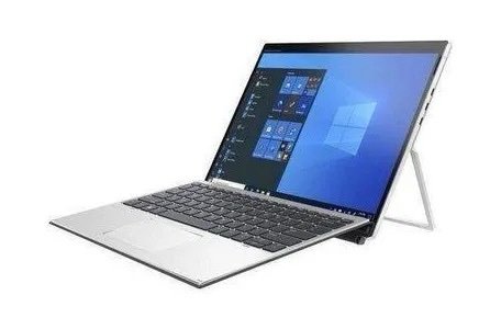 2-in-1 convertible laptop in tent mode with Windows desktop on screen, showcasing stand position.