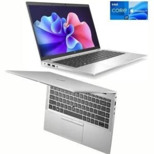 Silver laptop shown from two angles (open and closed) with a colorful screen and Windows 11/Intel Core i7 badges.