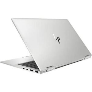 Silver HP laptop partially open on a white background, showing the keyboard and side ports.