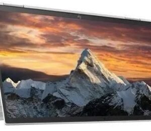 2-in-1 laptop with kickstand open, displaying a snowy mountain peak at sunset on the screen