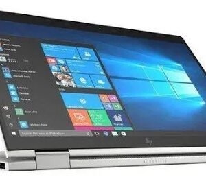 Slim silver 2-in-1 laptop in tent mode with Windows 10 desktop on screen and a stylus docked at the side.