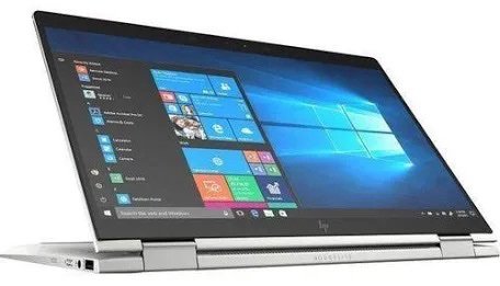 Slim silver 2-in-1 laptop in tent mode with Windows 10 desktop on screen and a stylus docked at the side.
