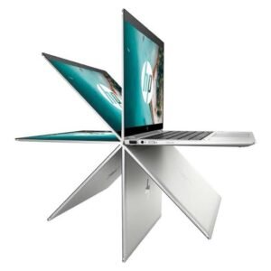 Starburst of several HP laptops fanned out from a central point, showing screens and silver bodies with HP logos visible