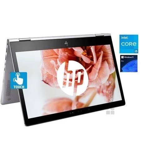HP convertible laptop in tent/stand mode with touch icon, displaying a floral wallpaper and HP logo on screen; Intel Core i5 and Windows 11 Pro stickers nearby.