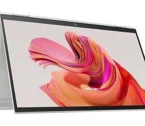 2-in-1 convertible laptop in tent mode with colorful abstract wallpaper on the screen