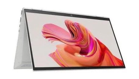 2-in-1 convertible laptop in tent mode with colorful abstract wallpaper on the screen
