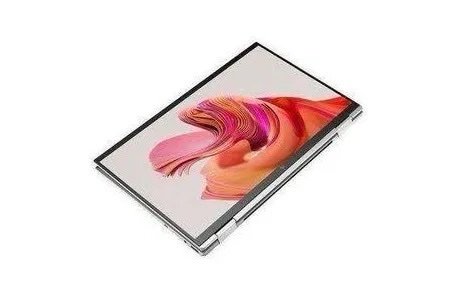 Slim silver 2-in-1 laptop/tablet at an angle, showing a vivid pink‑orange abstract wallpaper on the screen.