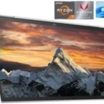 img_8633 - The Phonepreneur Global Curved touchscreen monitor in landscape orientation displaying a snowy mountain wallpaper with a touch icon on the side.