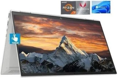 Curved touchscreen monitor in landscape orientation displaying a snowy mountain wallpaper with a touch icon on the side.