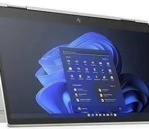 2-in-1 convertible laptop in tent mode displaying Windows desktop on screen