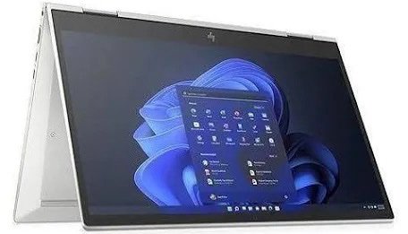 2-in-1 convertible laptop in tent mode displaying Windows desktop on screen