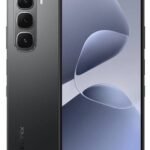 Black smartphone with a triple-camera array on the back and a large edge-to-edge display on the front center-left edge-to-edge screen