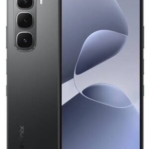 Black smartphone with a triple-camera array on the back and a large edge-to-edge display on the front center-left edge-to-edge screen