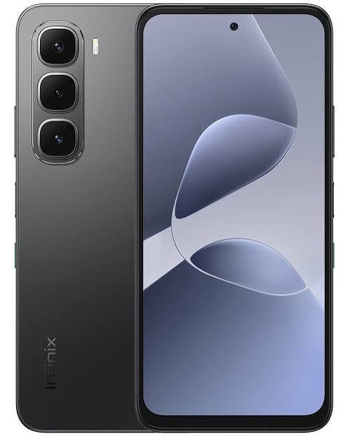 Black smartphone with a triple-camera array on the back and a large edge-to-edge display on the front center-left edge-to-edge screen