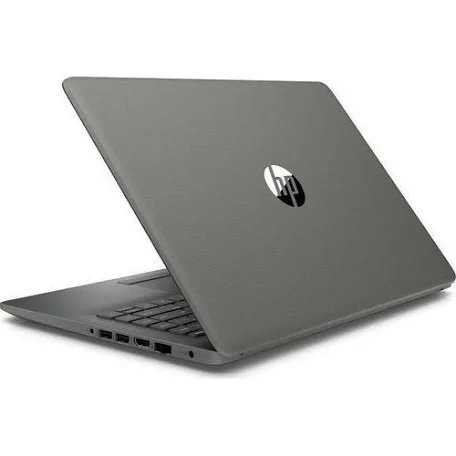 Open gray HP laptop seen from the rear-left with the lid up, showing the HP logo and side ports.