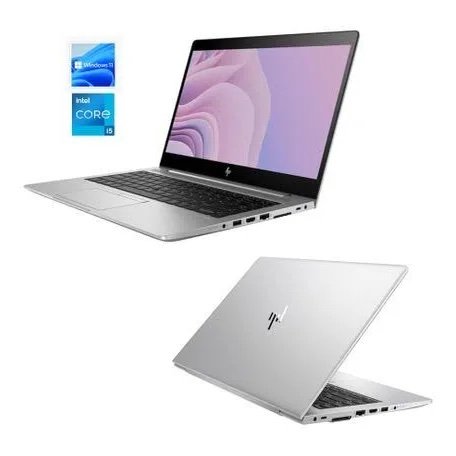 Open HP laptop in silver with purple screen, plus separate angled view, featuring an Intel Core i5 badge nearby.