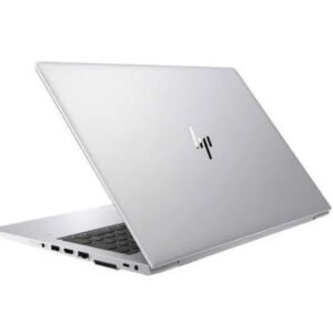 Silver laptop open at a 3/4 angle, showing side ports and keyboard, with a subtle logo on the lid.