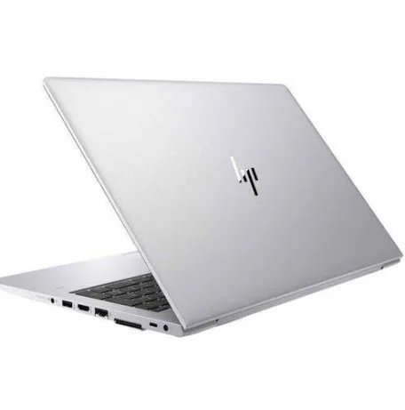 Silver laptop open at a 3/4 angle, showing side ports and keyboard, with a subtle logo on the lid.
