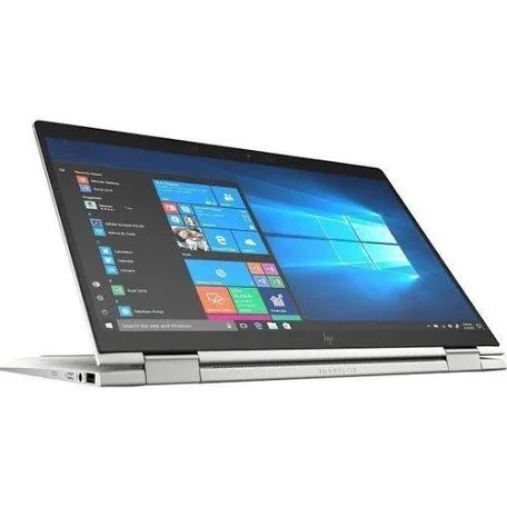 Silver 2-in-1 laptop open in laptop mode, screen showing Windows 10 start menu and desktop