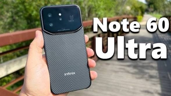 Hand holding a black smartphone with a textured back and triple-camera module; 'Note 60 Ultra' text appears to the right.