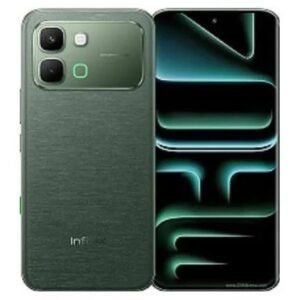 Green smartphone shown from both back and front: back features a square camera module with two large lenses and an LED flash, front displays teal abstract wallpaper.