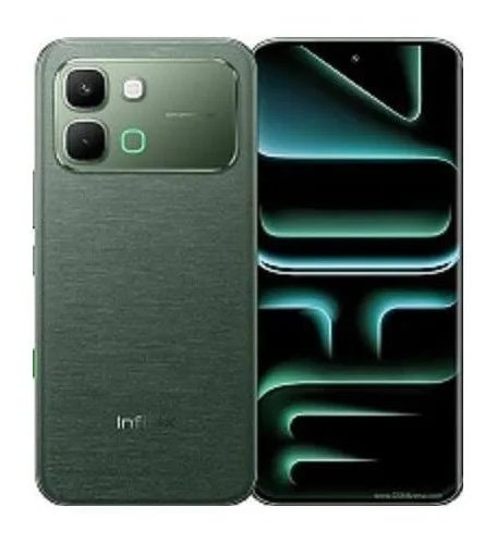 Green smartphone shown from both back and front: back features a square camera module with two large lenses and an LED flash, front displays teal abstract wallpaper.