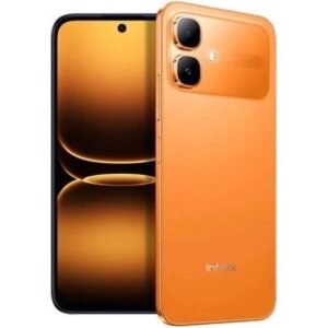 Orange Infinix smartphone shown from back and front, featuring a dual-camera module and orange glossy finish.