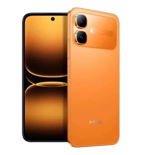 Orange Infinix smartphone shown from back and front, featuring a dual-camera module and orange glossy finish.