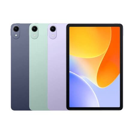 Four tablets shown from the back in navy, mint green, lavender, and lilac beside a tablet displaying a colorful wallpaper.