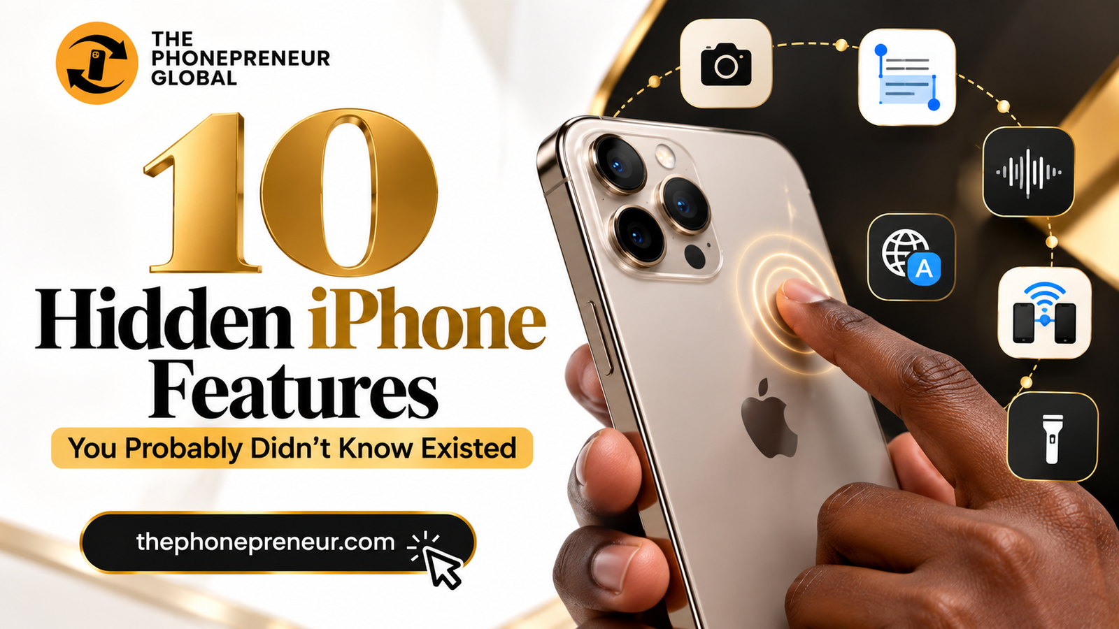 Banner promoting'10 Hidden iPhone Features' with a person holding an iPhone and floating app icons around it, from The Phonepreneur Global.