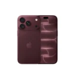 Close-up of a burgundy iPhone 14 Pro showing the triple-camera rear module and the front display with Dynamic Island edge-to-edge
