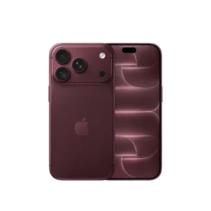 Close-up of a burgundy iPhone 14 Pro showing the triple-camera rear module and the front display with Dynamic Island edge-to-edge