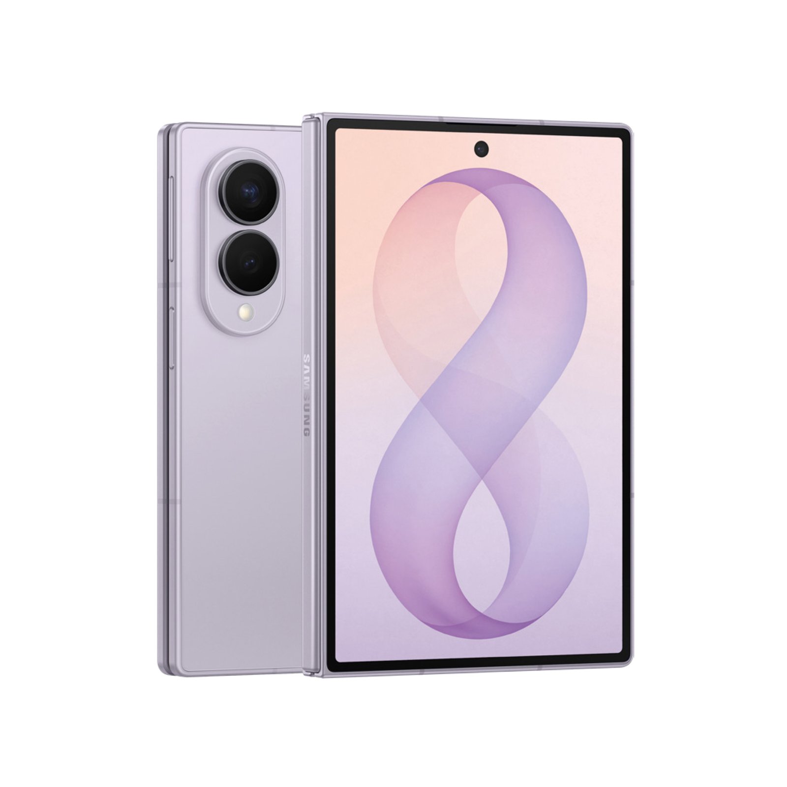 Two views of a silver Samsung smartphone: back shows a vertical triple-camera setup, front shows a tall edge-to-edge display with abstract pink–purple wallpaper.