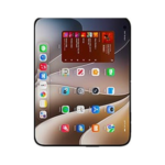 Tablet with rounded corners showing a home screen of colorful app icons and a top widget on a sunset wallpaper