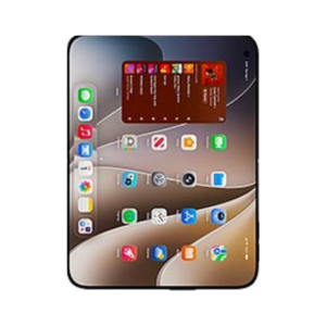 Tablet with rounded corners showing a home screen of colorful app icons and a top widget on a sunset wallpaper