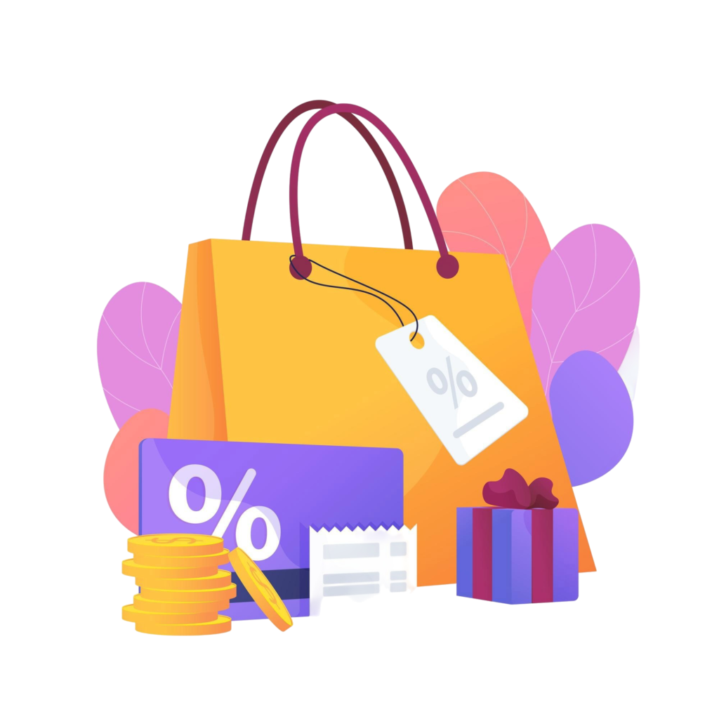 Bright orange shopping bag with a price tag, surrounded by purple balloons and yellow coins, symbolizing discounts and sales.