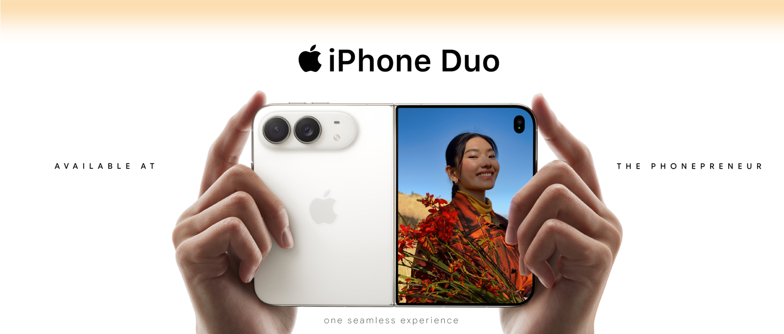 Apple iPhone Duo banner: two phones joined into one device with 'iPhone Duo' at the top and 'one seamless experience' at the bottom.