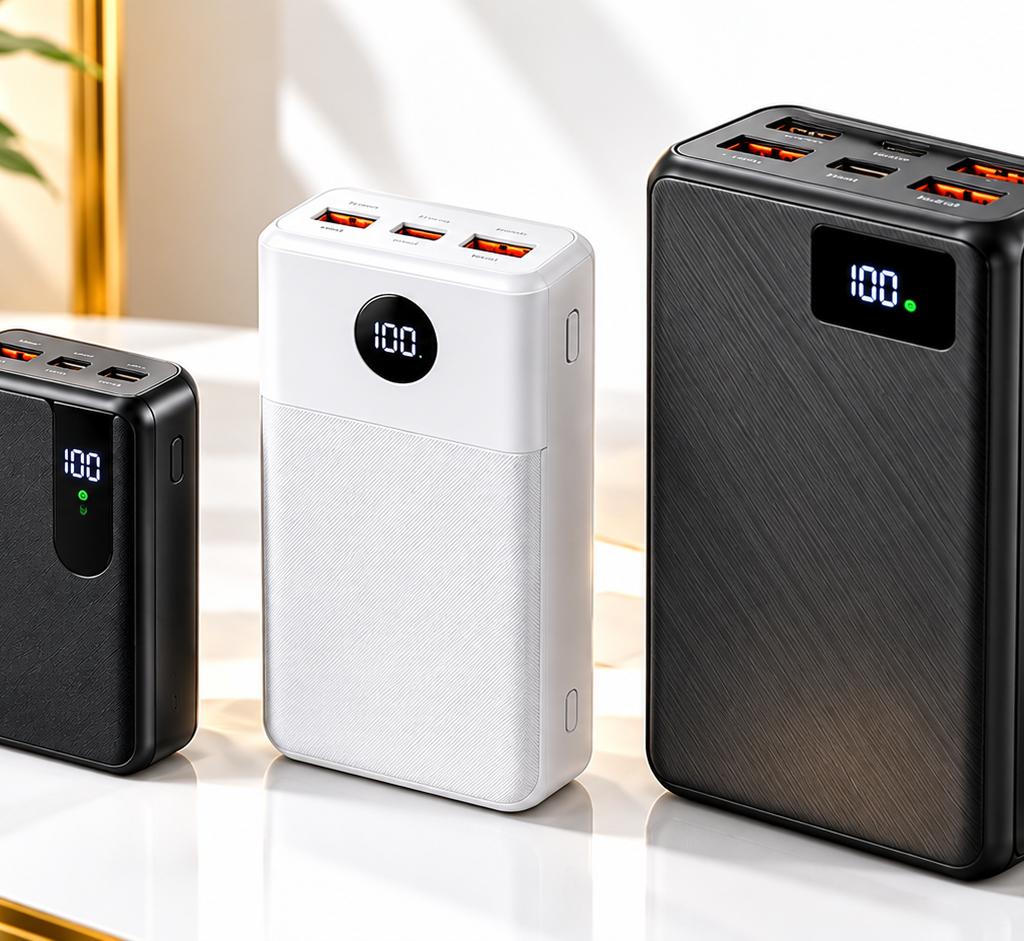 Three USB-C power banks in black, white, and dark gray on a desk, each with multiple ports and a digital 100% display.